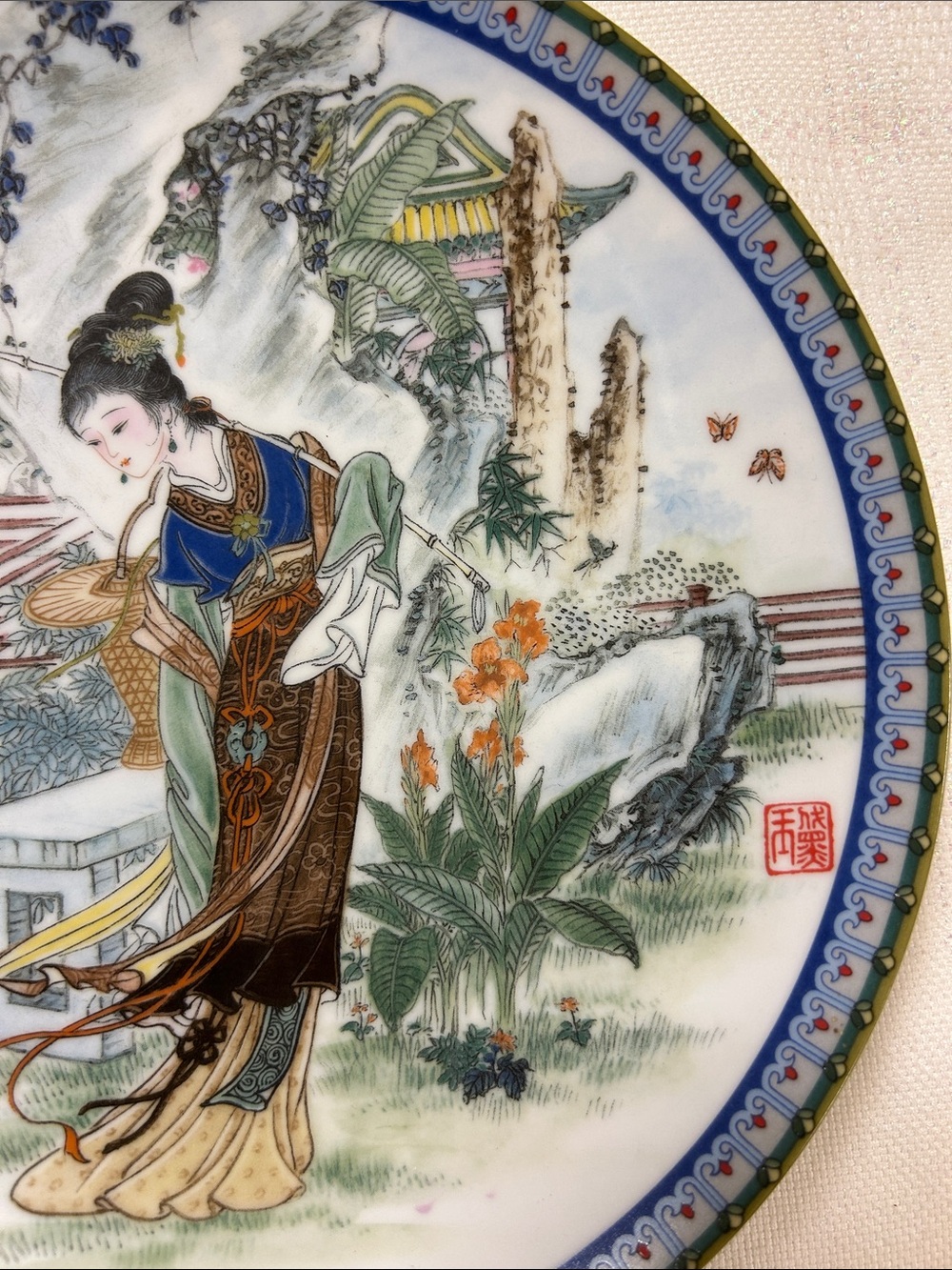 Hand-Painted Tai-Yu Asian Decorative Wall Plate in Blue and Green image 3